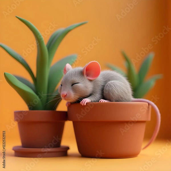 Fototapeta Sleeping Mouse in a Plant Pot