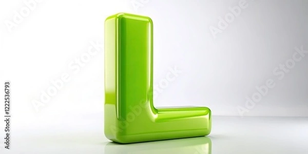 Fototapeta A vibrant, glossy lime green capital L, 3D rendered in realistic paint, shines against a stark white backdrop.