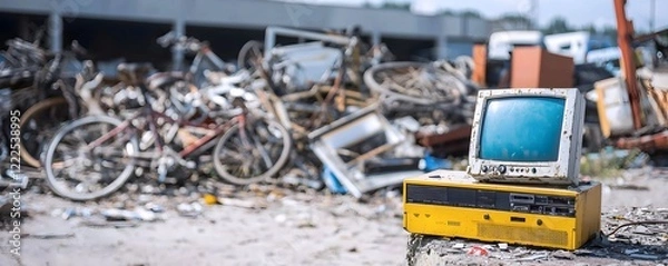 Fototapeta Forgotten Tech in a Junkyard: A poignant scene of obsolete computer and bicycles amidst discarded items, painting a picture of technological obsolescence and environmental concern.