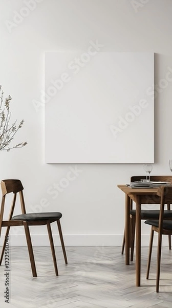 Fototapeta A blank banner hangs on the wall in a minimalist dining room kitchen.