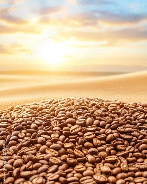 Fototapeta Golden light filters through clouds as the sun sets over a vast desert landscape. In the foreground, a rich mound of coffee beans contrasts beautifully with the warm sands.