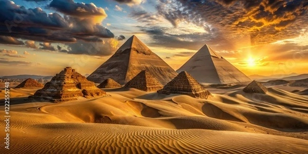Fototapeta Majestic 8K pyramids rise at sunrise, casting long shadows across the Sahara's golden dunes.  Ancient Egypt's Giza splendor.