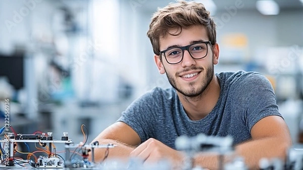 Fototapeta A young man with glasses smiles while working on a project in a modern lab filled with equipment.