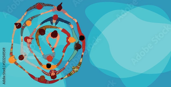 Obraz Group people in circle from diverse culture holding hands.Top view.Teamwork and cooperation.Community of friends or volunteers committed to social issues for peace and the environment