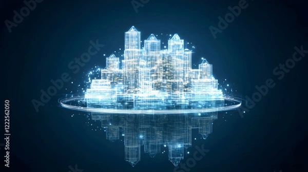 Fototapeta Futuristic City Hologram Stands on a Circular Platform with Glowing Lights, Reflecting on a Dark Background.