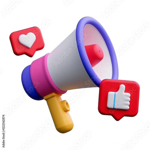 Fototapeta Megaphone with social media promotion isolated on transparent background, 3d cartoon style illustration, 300dpi, png file