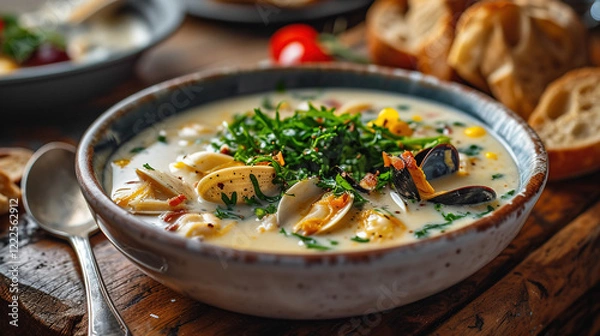 Fototapeta traditional thai soup in bowl  with bokeh blur