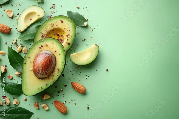 Fototapeta Fresh sliced avocado with nuts and leaves on a vibrant green background, Healthy food concept, top view close-up with natural ingredients