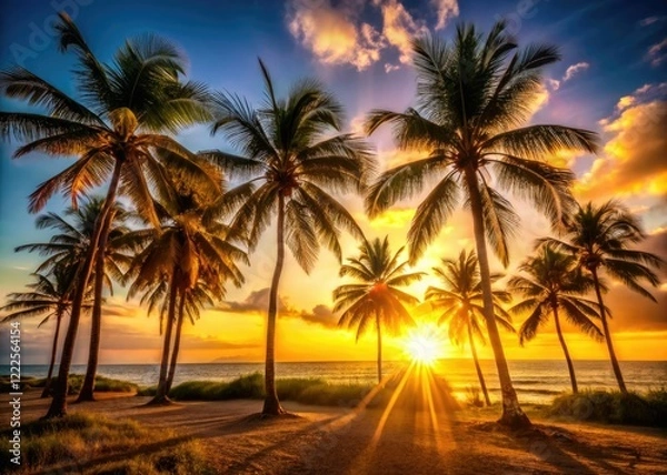 Fototapeta Silhouetted palm trees bask in the golden hour sunset's radiant glow.