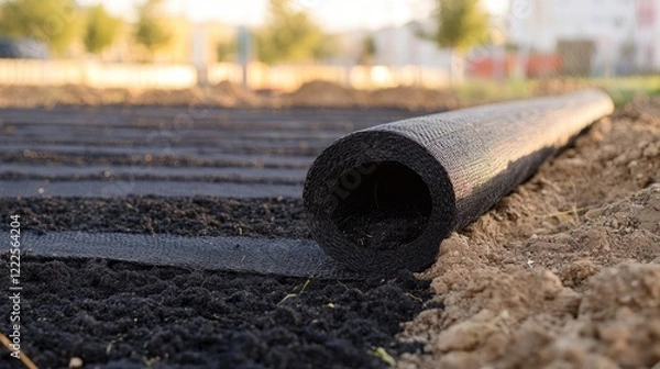 Obraz Rolled black geotextile material laid on soil at a construction site, highlighting erosion control, ground reinforcement, and landscaping solutions.