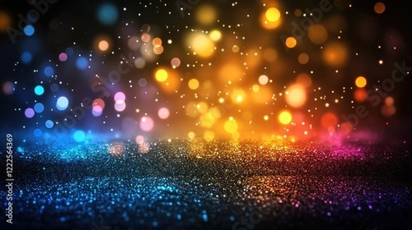 Fototapeta glitter vintage lights background. gold, blue and black. de-focused. blurred yellow and cyan glow sparks from neon lights with blank spot on black background