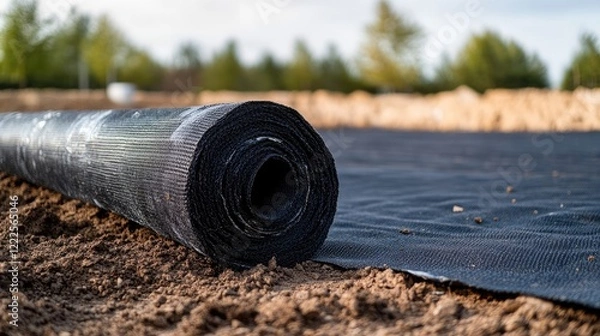 Obraz Rolled black geotextile material laid on soil at a construction site, highlighting erosion control, ground reinforcement, and landscaping solutions.