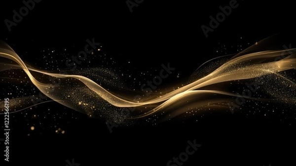 Fototapeta Glittering gold dust and particles wave on a black background, creating a luxurious and futuristic atmosphere,