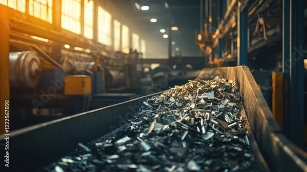 Obraz A factory conveyor belt filled with metal scraps, showcasing industrial production and recycling processes in a modern manufacturing facility.