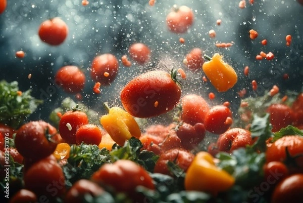 Fototapeta Fresh tomatoes and peppers splashing with water drops