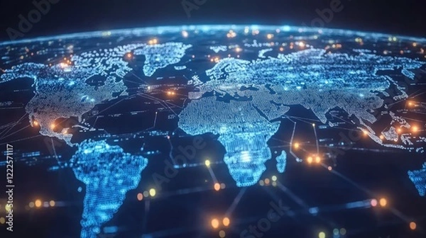 Fototapeta Global network and connectivity concept, abstract world map, international data transfer and cyber technology, worldwide business, telecommunication and information exchange.