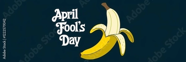 Fototapeta A creative minimalist April Fool's Day poster design with a dark theme. The text "April Fool's Day" is written in white, cursive letters. Below the text, there's a drawing of a large, yellow banana 
