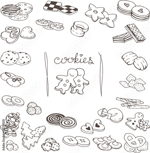 Fototapeta Hand-drawn collection of the different cookies desserts. Line art set of the food icons.