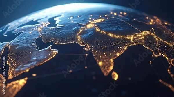 Fototapeta glowing digital earth globe centered on middle east global connectivity and data transfer concept 3d render