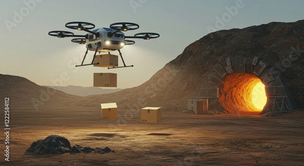 Obraz Futuristic Delivery Drone Transporting Packages Near a Sci-Fi Tunnel

