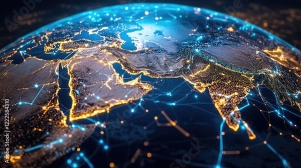 Fototapeta glowing digital earth globe centered on middle east global connectivity and data transfer concept 3d render