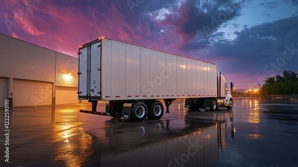 Obraz A white semi-trailer truck parked at a warehouse entrance during twilight, with soft reflections on the wet pavement, emphasizing logistics and transport
