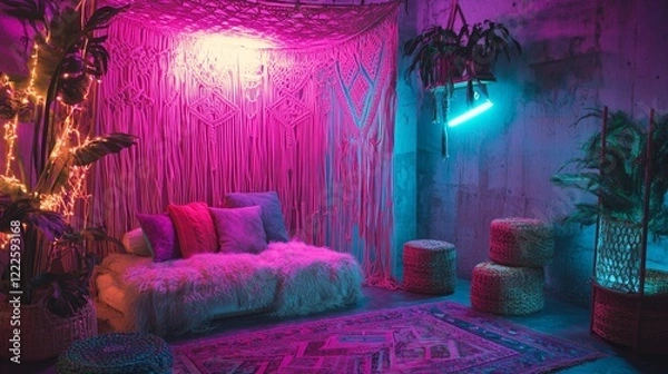 Fototapeta Bohemian Macrame and Slavic Patterned Rugs at Neon Lit Crafts Fair Booth