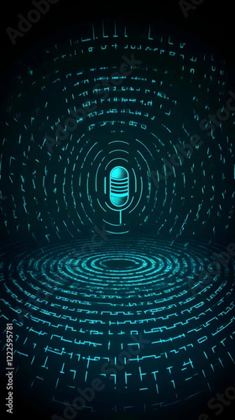 Fototapeta Neon Microphone Icon Glows on a Dark Digital Background with Abstract Glowing Lines and Symbols