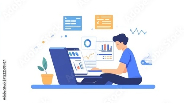 Fototapeta A data scientist working on a sleek laptop, analyzing graphs and data, isolated on a bright white background,