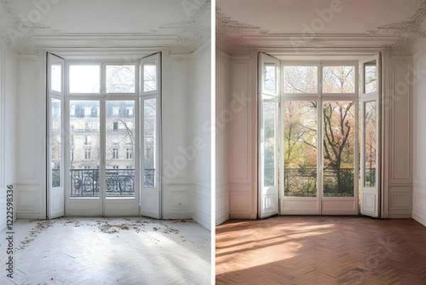 Fototapeta Before & After: Room Transformation Shows Renovated Flooring and View of Lush Greenery
