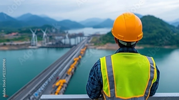 Obraz Worker overlooking a river with cargo ships and wind turbines in the background at sunset
