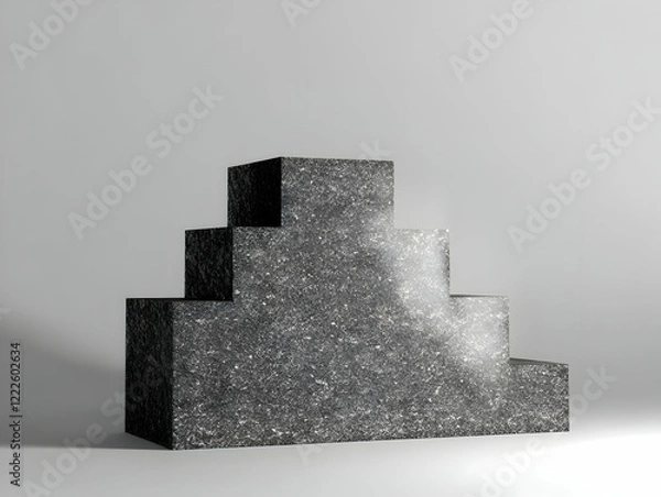 Obraz Three Black Stone Cubes Form a Tiered Structure on a Gray Background in a 3D Render