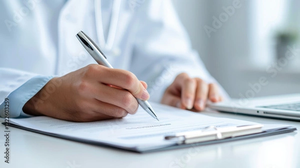 Fototapeta close up of healthcare professional hand writing on document, emphasizing focus and precision in medical or clinical setting