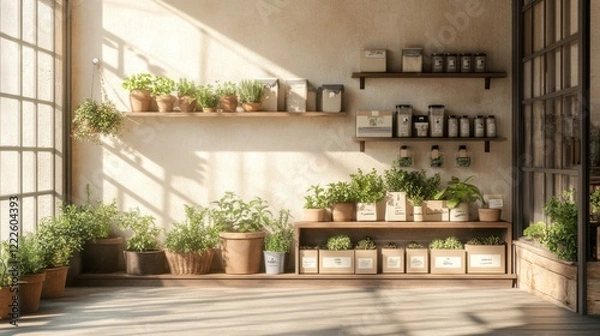 Fototapeta Sunlit interior with potted herbs, wooden shelves, and earthy tones.