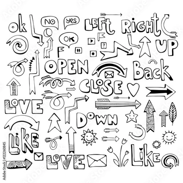 Fototapeta Set of isolated hand drawn arrows. Monochrome vector illustration.