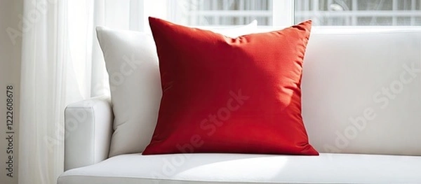 Obraz Vibrant red throw pillow positioned on a white sofa against a light minimalistic backdrop enhancing the aesthetic with bold color contrast