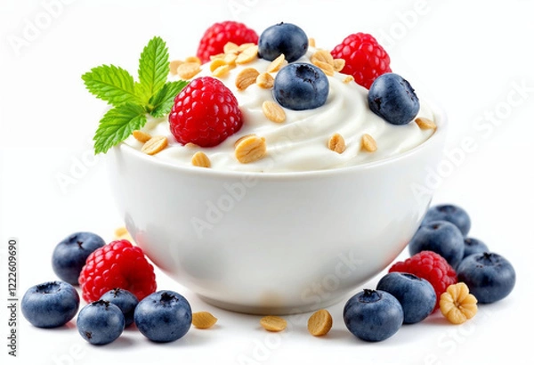 Fototapeta Yogurt with muesli and berries isolated on transparent or white background, png