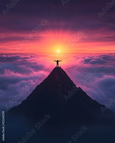 Fototapeta A person standing on a mountaintop with arms wide open, gazing into the distance, capturing the esse