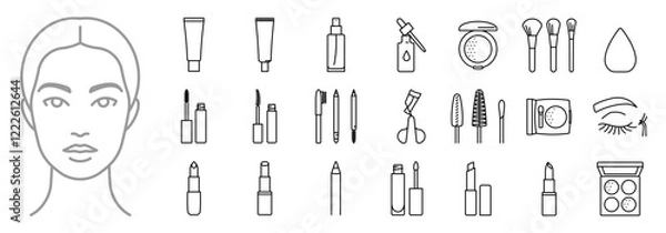 Obraz Beauty products, icon set. Makeup cosmetics - lipstick, mascara, pencil, face foundation, primer, lip gloss, powder, liner, eyeshadow, brushes and more. Line icons, editable strokes