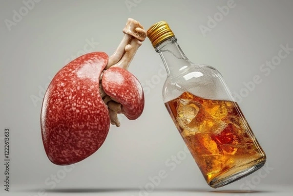 Fototapeta Creative representation of a human kidney and a bottle of liquor, exploring the impact of alcohol on health. Generative AI