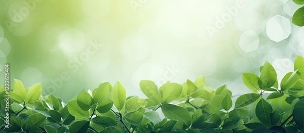 Fototapeta Lush green tree leaves frame a soft blurred background with a dreamy light effect, enhancing the vibrant hues of nature in springtime.