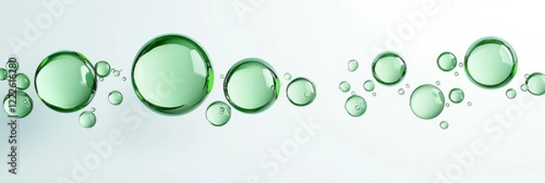 Obraz Highly detailed translucent green orbs of varying diameters, arranged randomly on a bright white bac