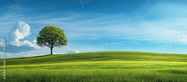Fototapeta Vibrant green field under a clear blue sky with a lone tree creating a serene landscape symbolizing sustainable growth and renewable energy potential