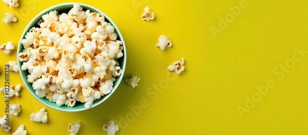 Fototapeta Top view of a green bowl filled with fluffy popcorn against a bright yellow background with scattered popcorn pieces creating a minimalist vibe