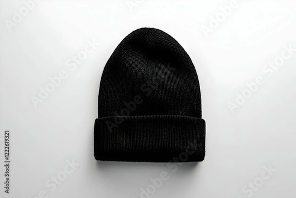 Fototapeta Blank black beanie hat mockup displayed against a minimalist white background for custom design showcasing.