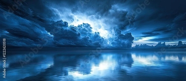 Fototapeta Dramatic stormy seascape with dark blue clouds and reflections on calm water creating a moody atmosphere captured during twilight hours.