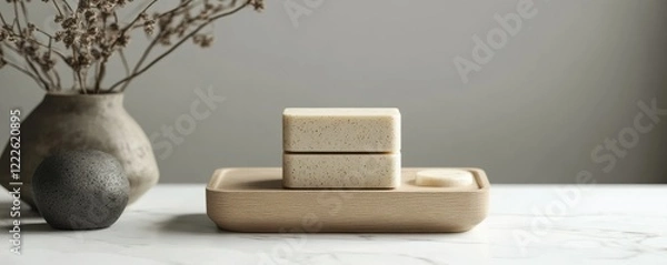 Fototapeta Natural handmade soap bars on minimalist tray with dried flowers in ceramic vase
