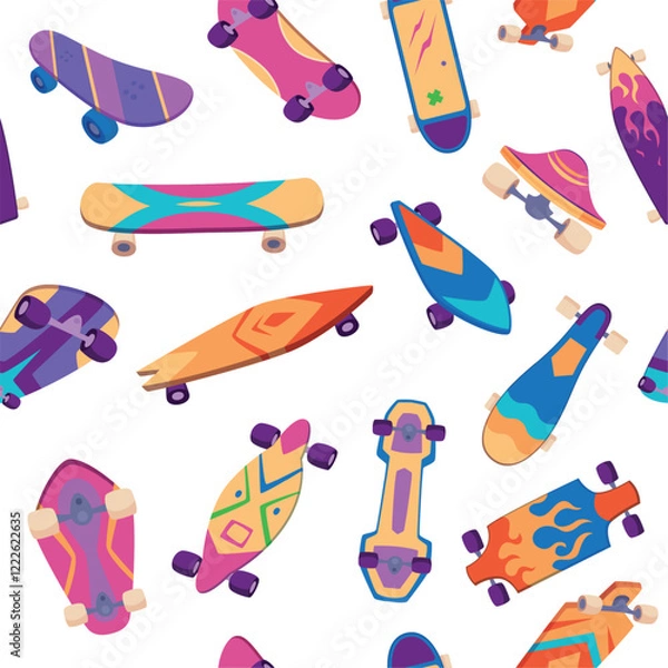 Fototapeta Skateboards pattern. aggressive colorful design of skateboards and longboards for extreme urban riders. vector seamless background
