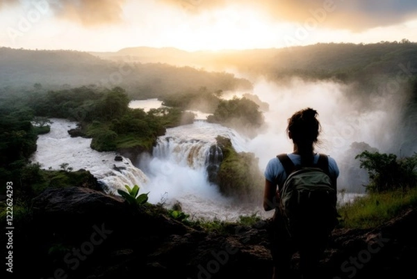 Fototapeta A hiker staring in awe at a massive waterfall, mist rising around them as the roaring water cascades into a pool below