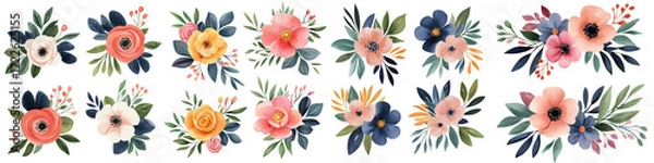 Fototapeta Colorful floral bouquets with various flowers and leaves in watercolor style, isolated on transparent background.